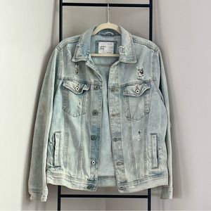 Zara Men’s Distressed Light Wash Blue Denim Jacket